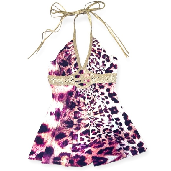 Sky Top Western Leopard Chic Leather Halter Top Strappy halter tie straps XS y2k - Picture 1 of 16